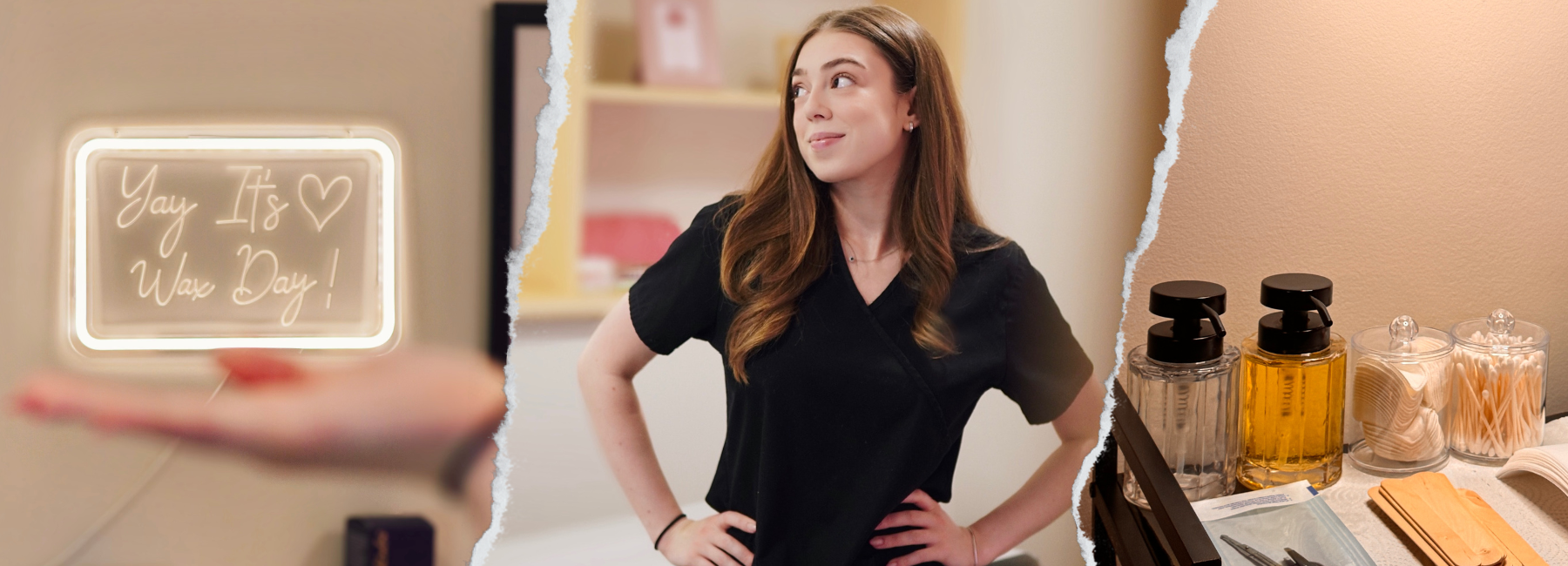 A collage picture with a sign that
      says /'Yay its Waxing Day/' a picture of a girl and a waxing equipment.